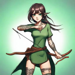 A mischievous brunette woman with large eyes and tattoos, wielding a longbow