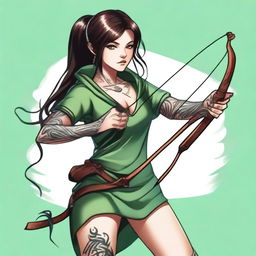 A mischievous brunette woman with large eyes and tattoos, wielding a longbow