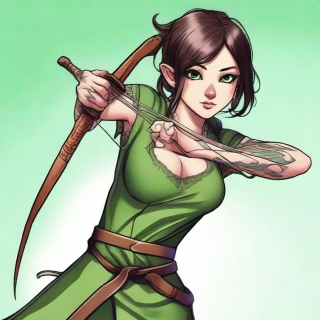 A mischievous brunette woman with large eyes and tattoos, wielding a longbow