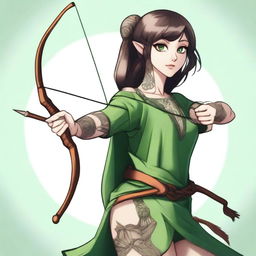 A mischievous brunette woman with large eyes and tattoos, wielding a longbow