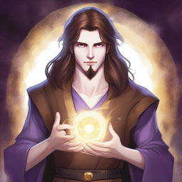 A detailed drawing of a white-skinned teen sorcerer with long brown hair, violet eyes, and a brown beard