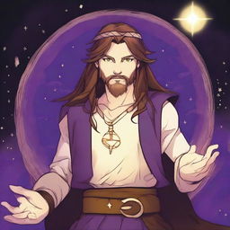 A detailed drawing of a white-skinned teen sorcerer with long brown hair, violet eyes, and a brown beard