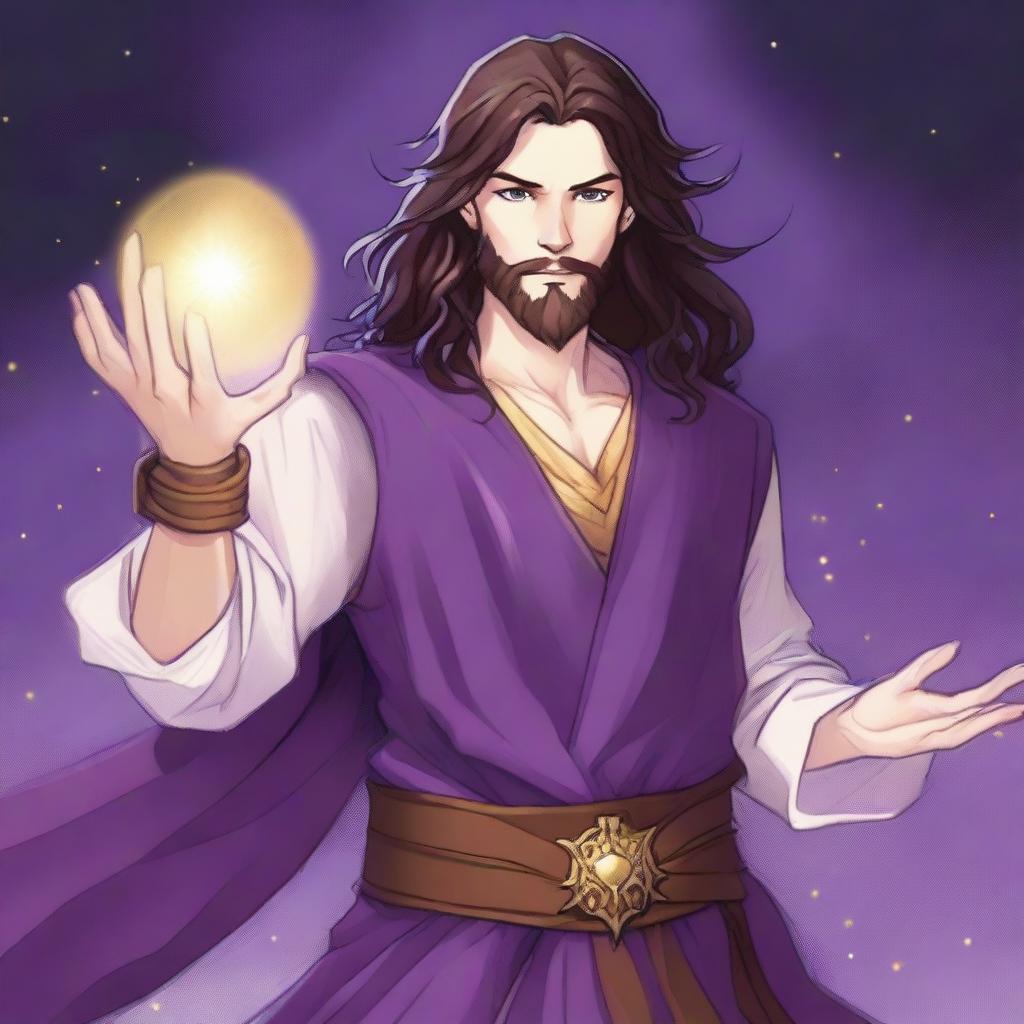 A detailed drawing of a white-skinned teen sorcerer with long brown hair, violet eyes, and a brown beard