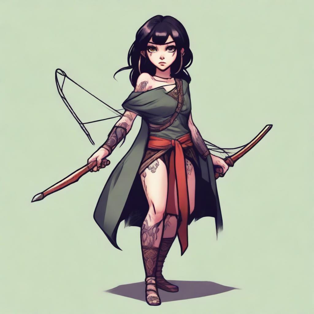 A mischievous and dangerous rogue woman with dark hair, big eyes, tattoos, and a longbow