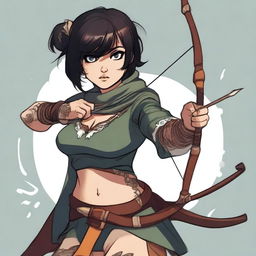 A mischievous and dangerous rogue woman with dark hair, big eyes, tattoos, and a longbow