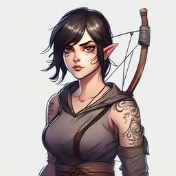 A mischievous and dangerous rogue woman with dark hair, big eyes, tattoos, and a longbow