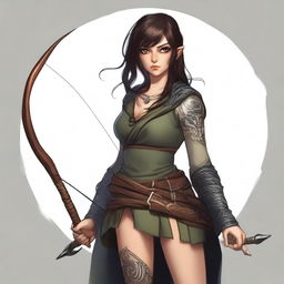 A mischievous and dangerous rogue woman with dark hair, big eyes, tattoos, and a longbow