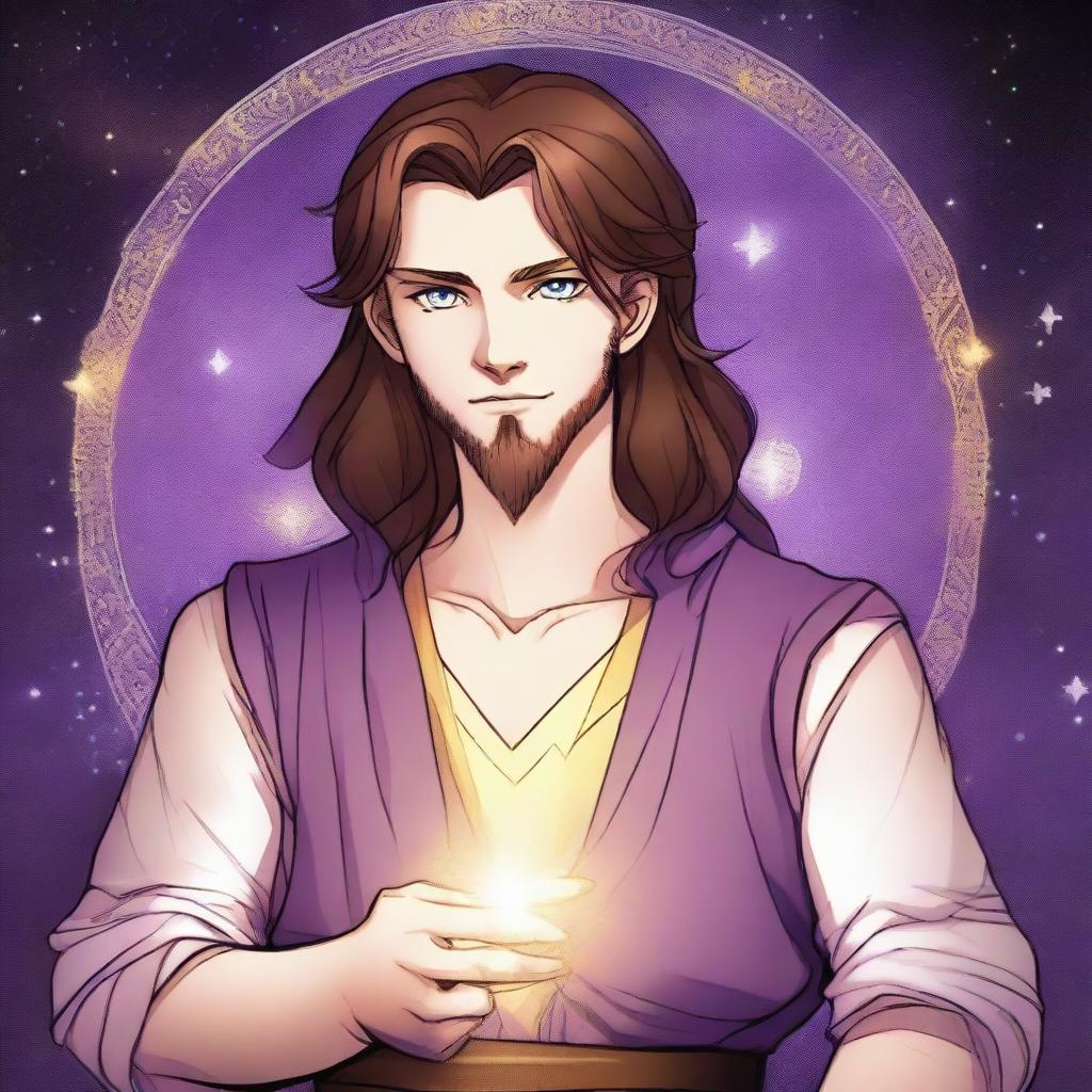 A drawing of a white-skinned teen sorcerer with long brown hair, violet eyes, and a brown beard