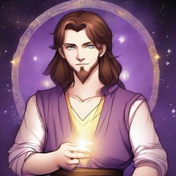 A drawing of a white-skinned teen sorcerer with long brown hair, violet eyes, and a brown beard