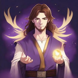 A drawing of a white-skinned teen sorcerer with long brown hair, violet eyes, and a brown beard