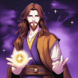 A drawing of a white-skinned teen sorcerer with long brown hair, violet eyes, and a brown beard