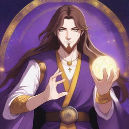 A drawing of a white-skinned teen sorcerer with long brown hair, violet eyes, and a brown beard