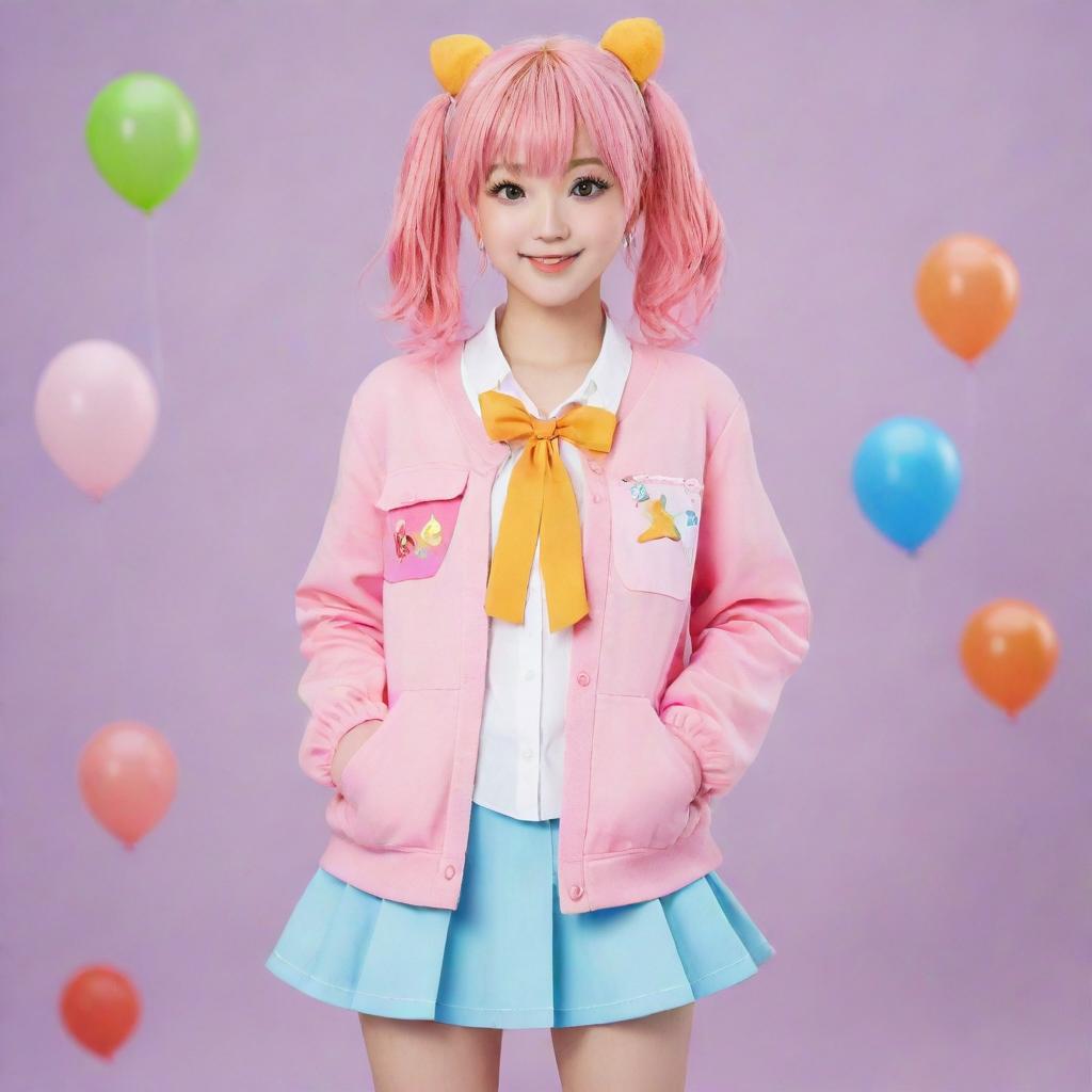 Anime girl styled in a cute, colorful, and trendy outfit, exhibiting an aura of cuteness and charm.