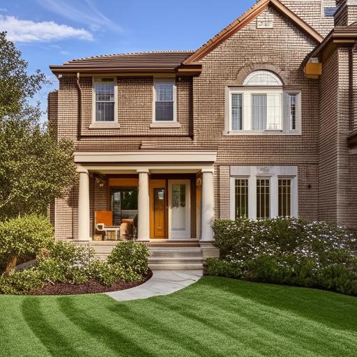 A peaceful and welcoming family home with a lush green front yard, detailed brickwork, large windows, and a sunny, warm atmosphere.