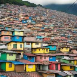 A vibrant and detailed image of Complexo do Alemão, a large group of favelas in Rio de Janeiro, Brazil