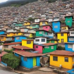 A vibrant and detailed image of Complexo do Alemão, a large group of favelas in Rio de Janeiro, Brazil