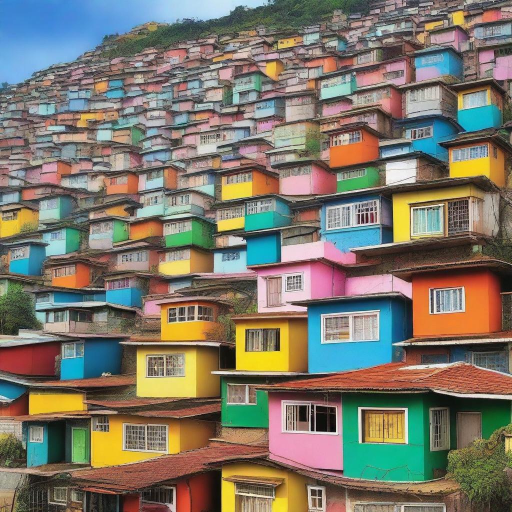 A vibrant and detailed image of Complexo do Alemão, a large group of favelas in Rio de Janeiro, Brazil