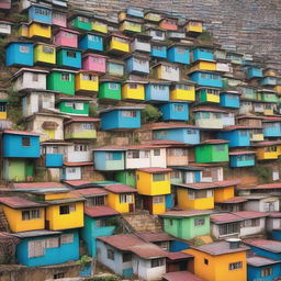 A vibrant and detailed image of Complexo do Alemão, a large group of favelas in Rio de Janeiro, Brazil