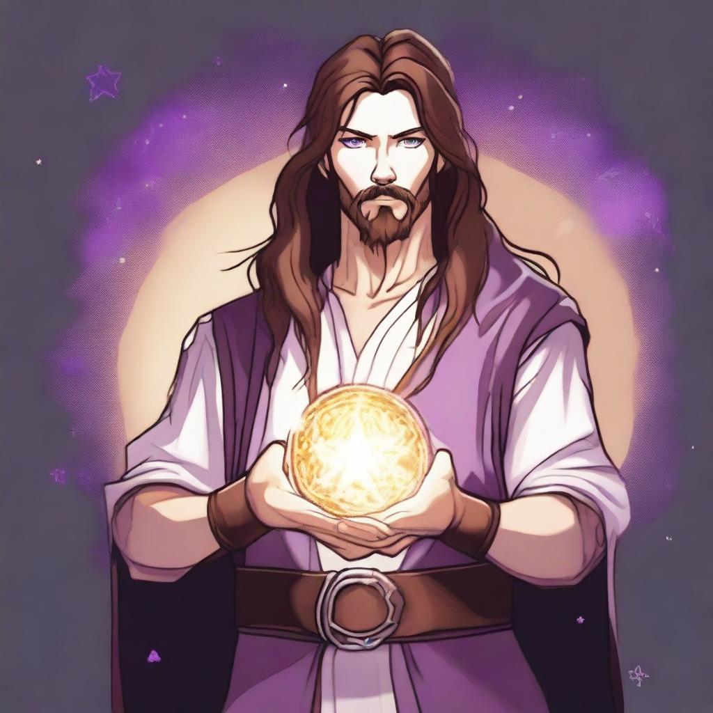 A drawing of a white-skinned teen sorcerer with long brown hair, violet eyes, and a brown beard