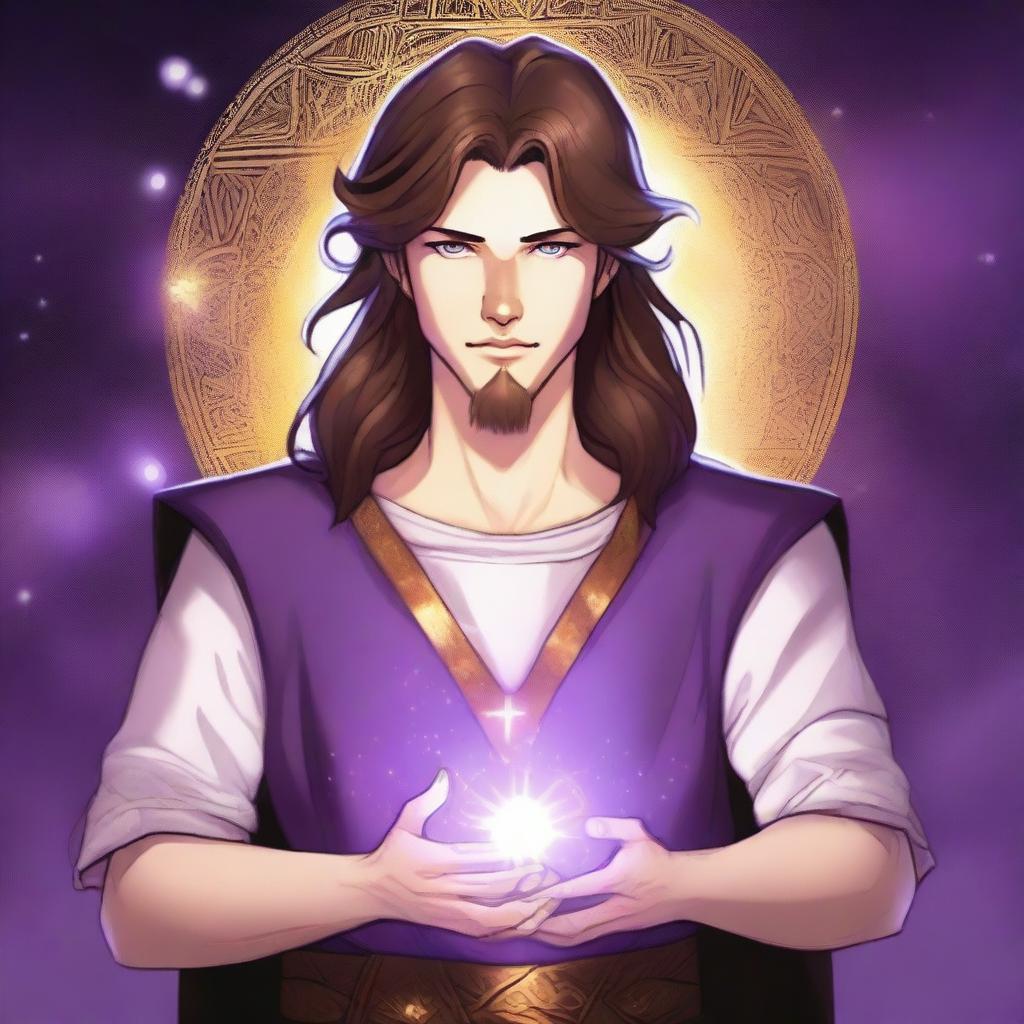 A drawing of a white-skinned teen sorcerer with long brown hair, violet eyes, and a brown beard