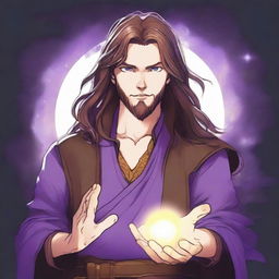 A drawing of a white-skinned teen sorcerer with long brown hair, violet eyes, and a brown beard