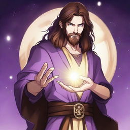 A drawing of a white-skinned teen sorcerer with long brown hair, violet eyes, and a brown beard