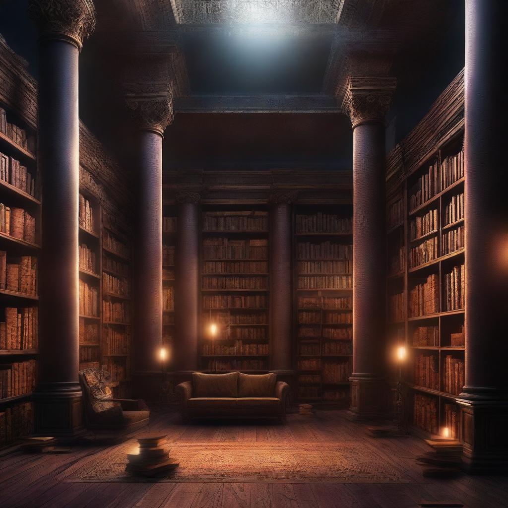 A captivating book cover featuring a mysterious and ancient library filled with towering bookshelves, dim lighting, and an air of intrigue