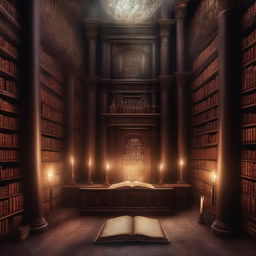 A captivating book cover featuring a mysterious and ancient library filled with towering bookshelves, dim lighting, and an air of intrigue