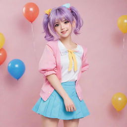 Anime girl styled in a cute, colorful, and trendy outfit, exhibiting an aura of cuteness and charm.