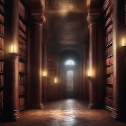 A captivating book cover featuring a mysterious and ancient library filled with towering bookshelves, dim lighting, and an air of intrigue