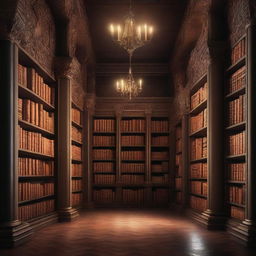 A captivating book cover featuring a mysterious and ancient library filled with towering bookshelves, dim lighting, and an air of intrigue