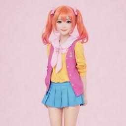 Anime girl styled in a cute, colorful, and trendy outfit, exhibiting an aura of cuteness and charm.