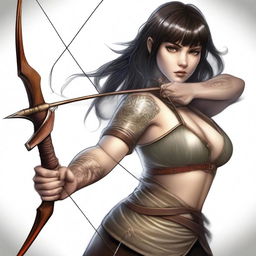 A dangerous and cunning human woman with dark hair and bangs, wielding a longbow