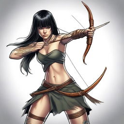 A dangerous and cunning human woman with dark hair and bangs, wielding a longbow