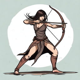 A dangerous and cunning human woman with dark hair and bangs, wielding a longbow