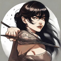 A dangerous and cunning human woman with dark hair and bangs, wielding a longbow