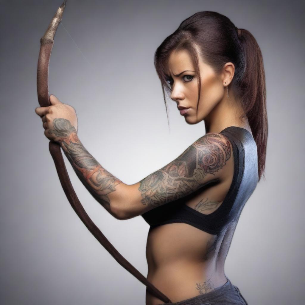 A dangerous-looking brunette woman with a ponytail and bangs, sporting a tattoo