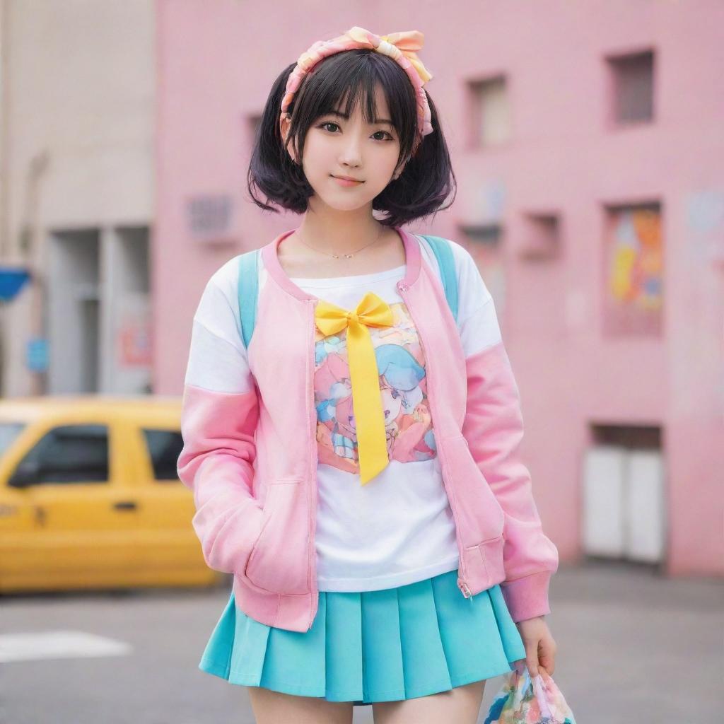 Anime girl styled in a cute, colorful, and trendy outfit, exhibiting an aura of cuteness and charm.