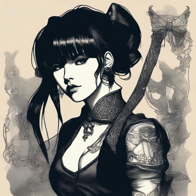 A dark-haired, evil-looking woman with bangs and a long ponytail