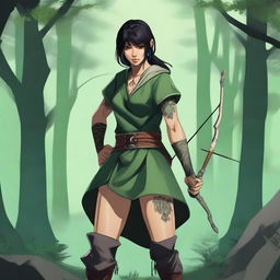 A rogue soul-slasher with a longbow, dark hair with bangs and a ponytail