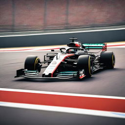 A high-speed Formula 1 car racing on a track with cheering crowds in the background