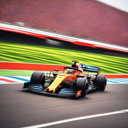 A high-speed Formula 1 car racing on a track with cheering crowds in the background