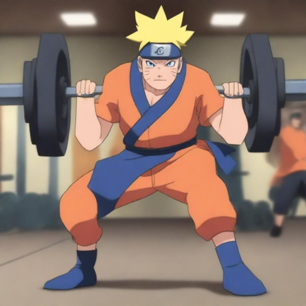 Naruto Uzumaki, the main character from the Naruto series, is lifting heavy weights in a gym setting