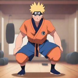 Naruto Uzumaki, the main character from the Naruto series, is lifting heavy weights in a gym setting