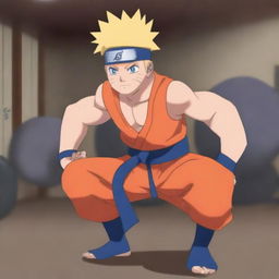 Naruto Uzumaki, the main character from the Naruto series, is lifting heavy weights in a gym setting