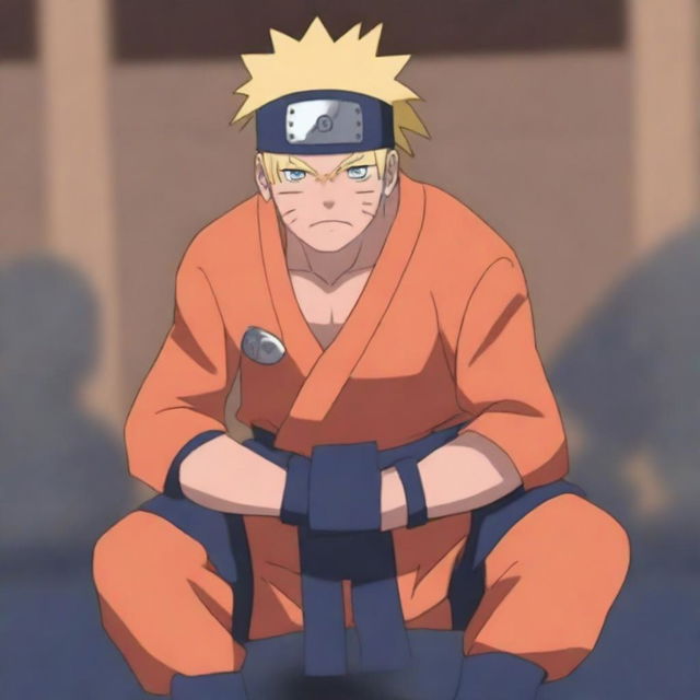 Naruto Uzumaki, the main character from the Naruto series, is lifting heavy weights in a gym setting