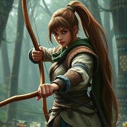 A human warrior with a ponytail and bangs, wielding a longbow