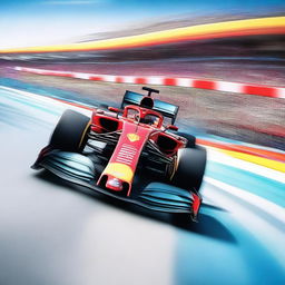 A high-speed Formula 1 racing car zooming down a track, with blurred motion effects to emphasize speed