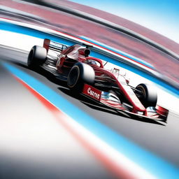 A high-speed Formula 1 racing car zooming down a track, with blurred motion effects to emphasize speed