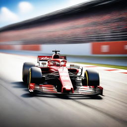 A high-speed Formula 1 racing car zooming down a track, with blurred motion effects to emphasize speed